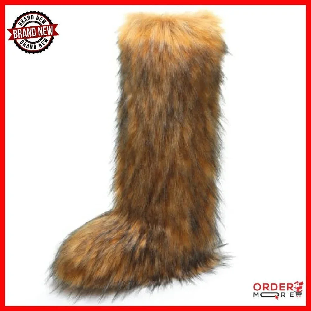 Women's Knee High Faux Fur Boots Winter Snow Flat Warm Fluffy
